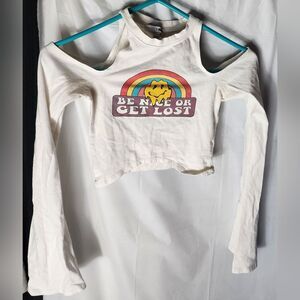 Fashion Nova Xs/S White Cut out Long Sleeve Get Lost Happy Face Crop Top